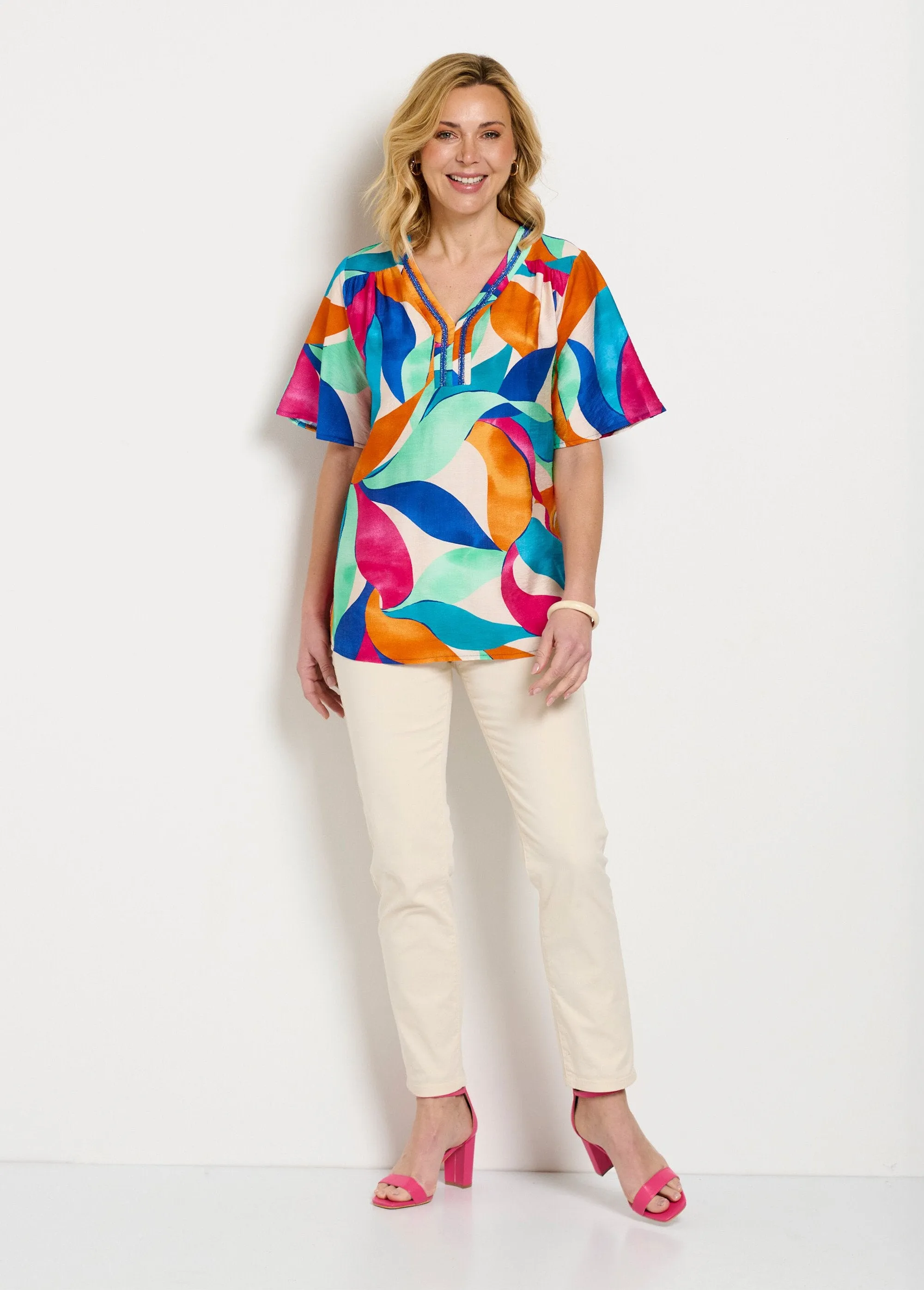 Long loose printed tunic with ruffled sleeves