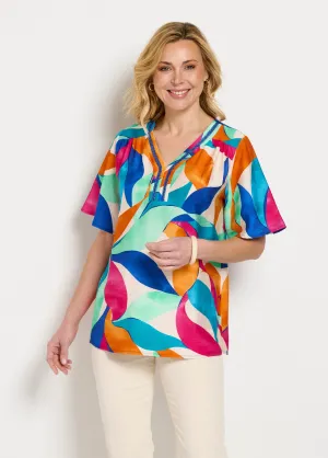 Long loose printed tunic with ruffled sleeves