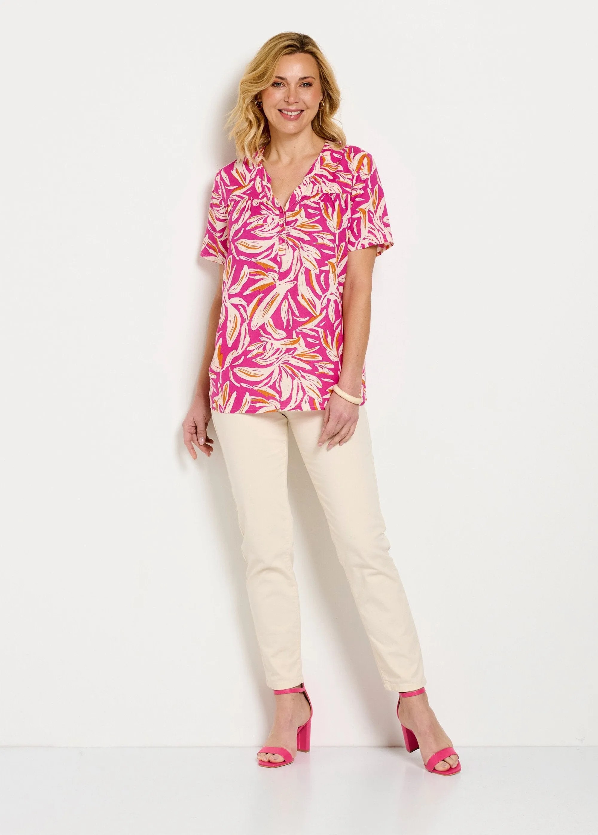 Loose printed buttoned V-neck tunic