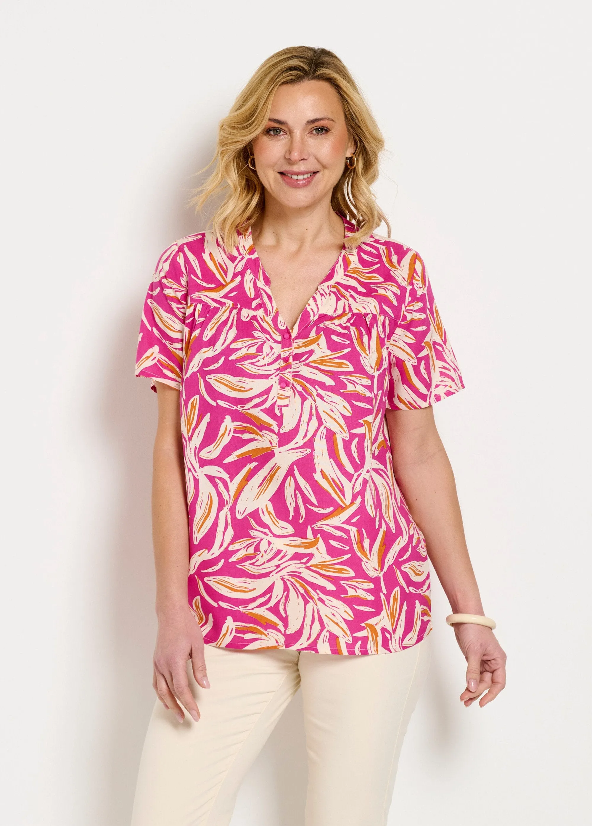 Loose printed buttoned V-neck tunic