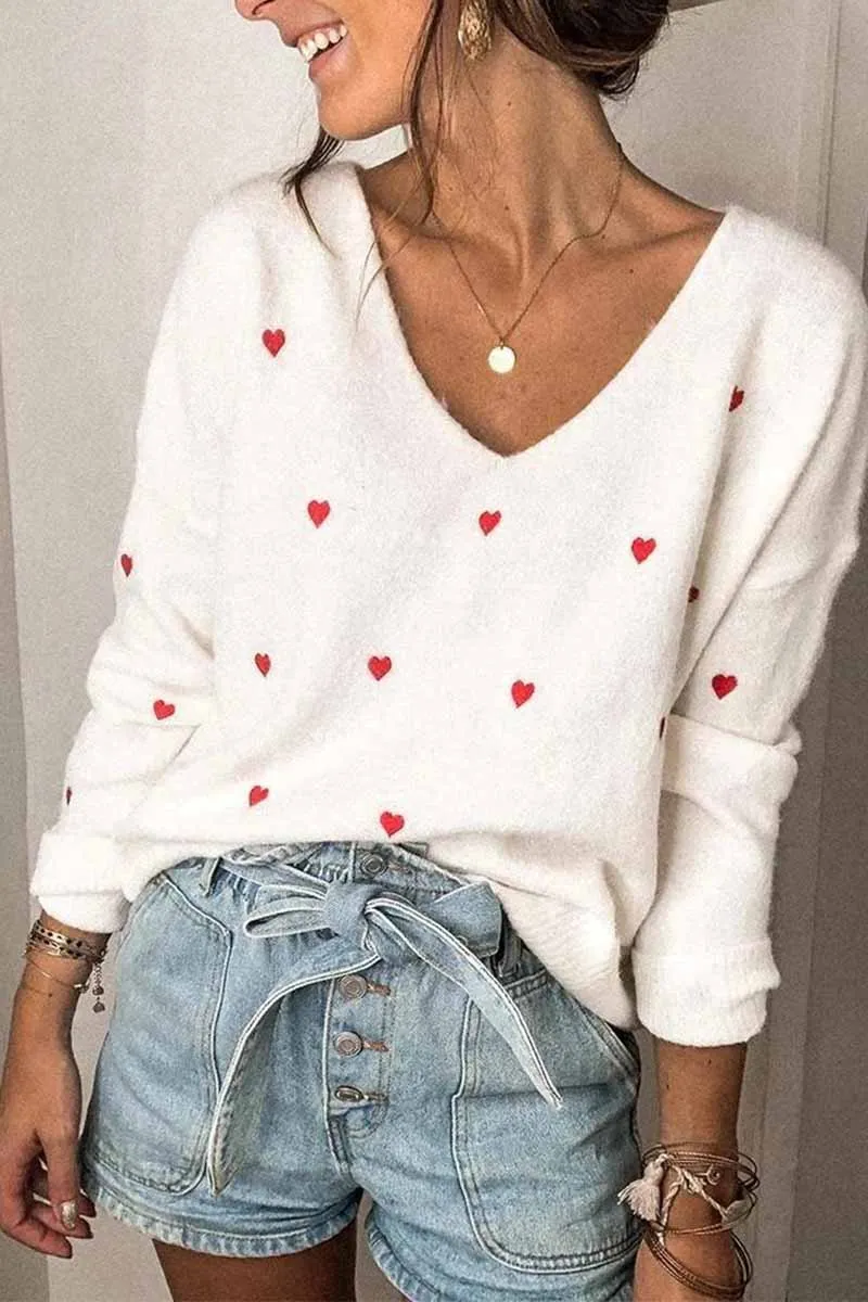 Loose V-Neck Heart-Shaped Knitted Sweater