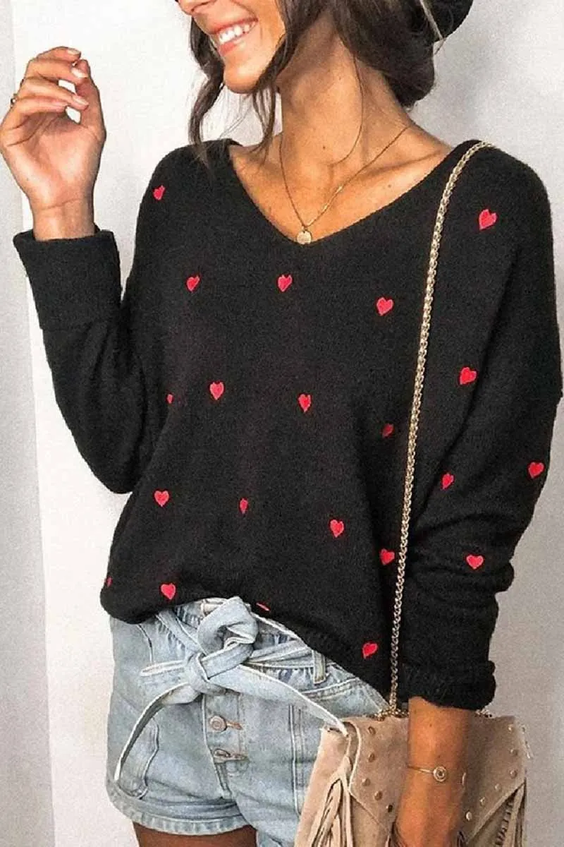Loose V-Neck Heart-Shaped Knitted Sweater
