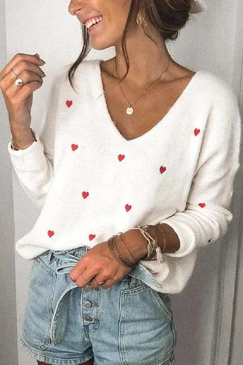 Loose V-Neck Heart-Shaped Knitted Sweater