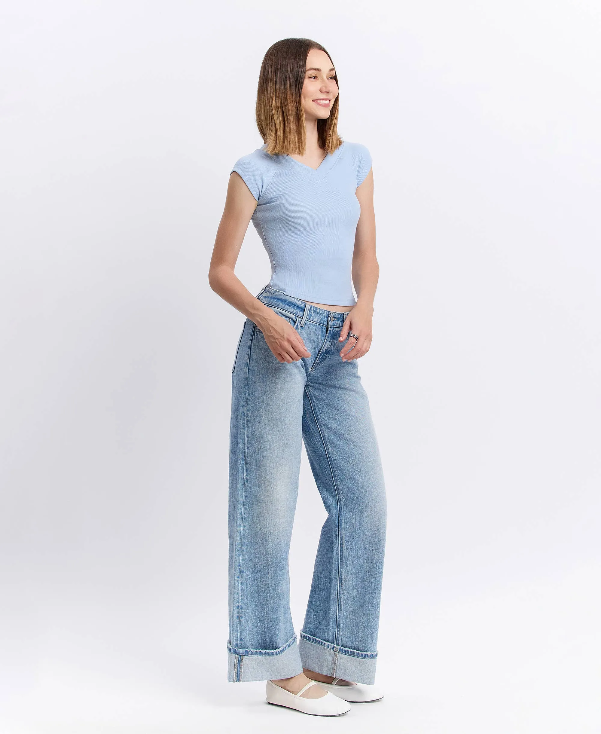 LOW RISE CUFFED BAGGY WIDE JEANS T6683