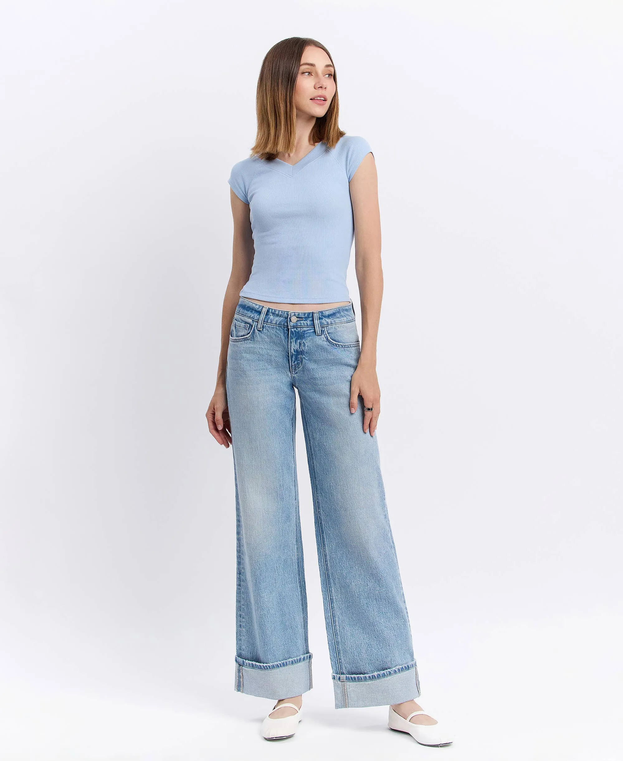 LOW RISE CUFFED BAGGY WIDE JEANS T6683