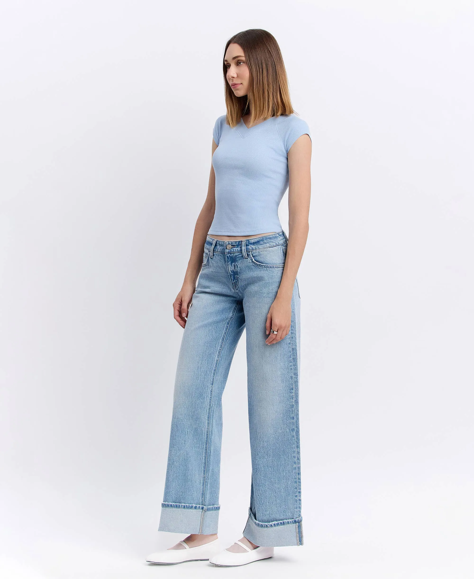 LOW RISE CUFFED BAGGY WIDE JEANS T6683