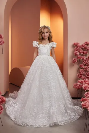 Luxurious Floral Lace Princess Dress with Ruffles and Train