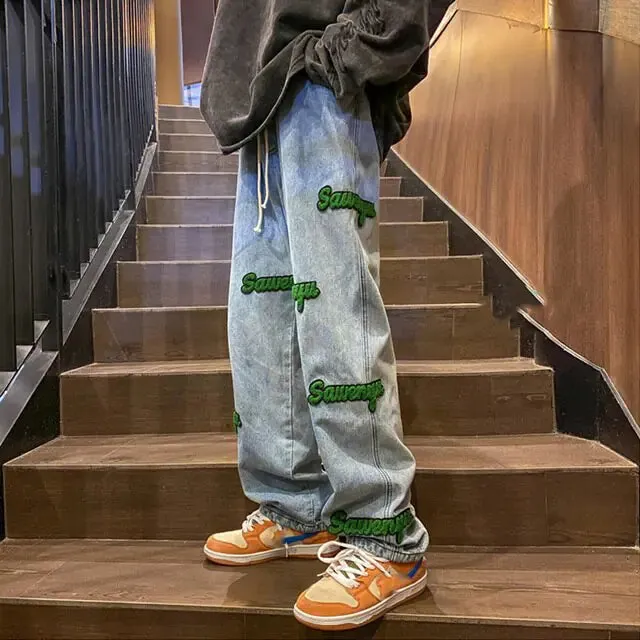 Men's Jeans Fashion Embroidery Baggy Denim Trousers