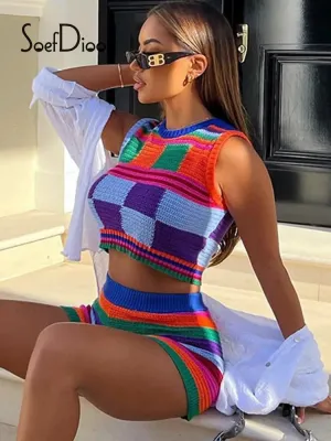 Multi-Colour Stitching Tops Tank Shorts