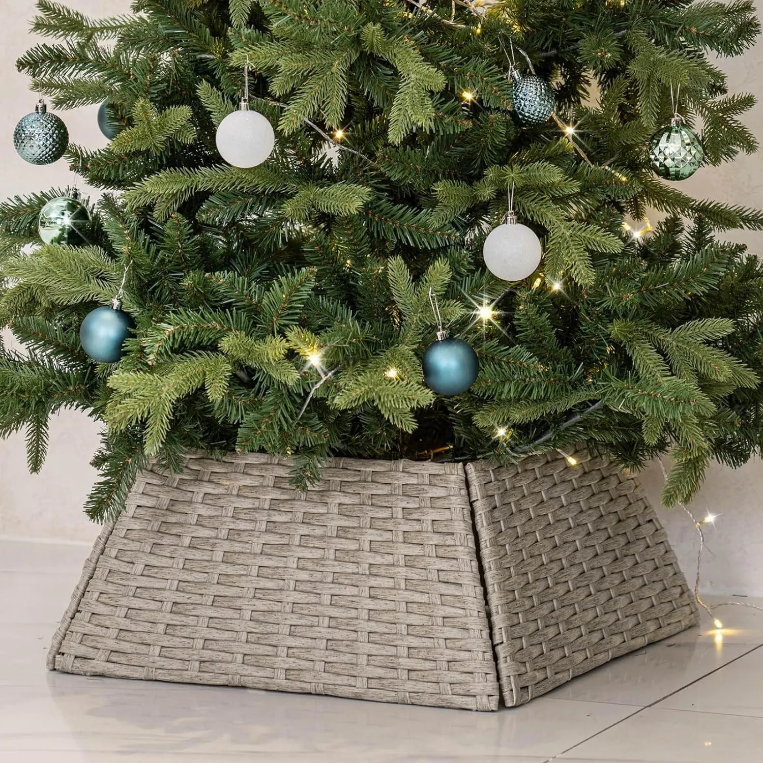 NEW Rattan Christmas Tree Collar, 28.4" D Wicker Christmas Tree Base Cover, Handcrafted Christmas Tree Ring, Woven Xmas Tree Skirt for Christmas Tree Decoration (Grey) - Retails $67 