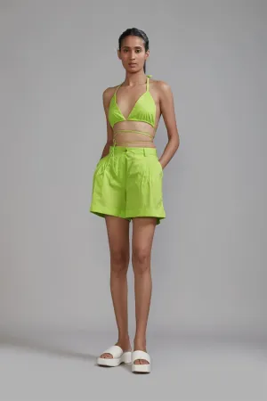 New Season Summer/Fall 2024-Coord Set Green Overlap Bralette-Shorts 2pcs Cotton Neon-MT BR-Shorts Coord Set-Neon Green 2pcs-Fashion Edit Mati