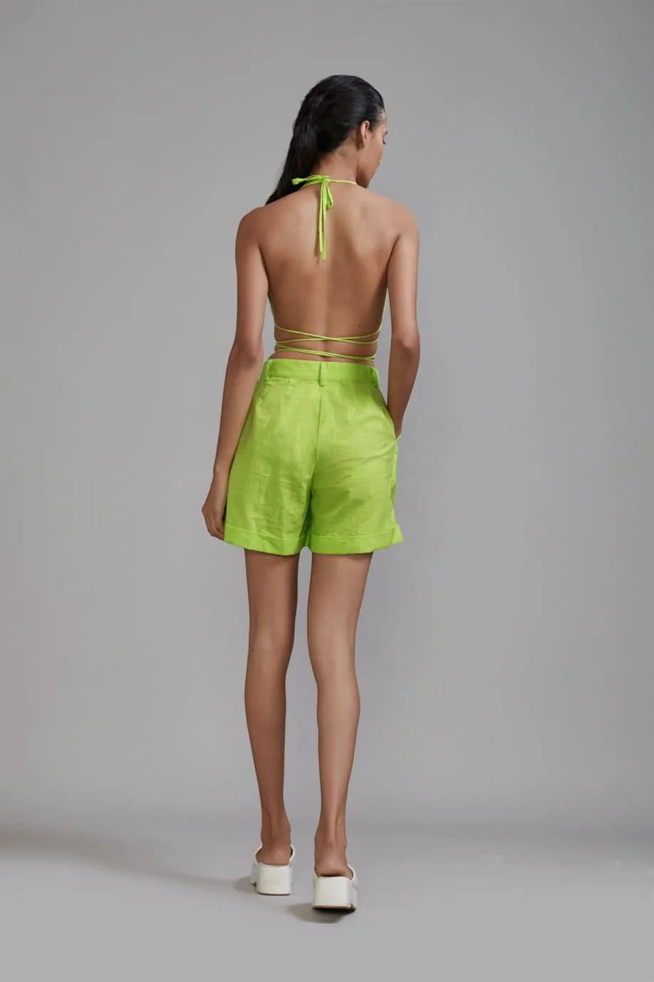 New Season Summer/Fall 2024-Coord Set Green Overlap Bralette-Shorts 2pcs Cotton Neon-MT BR-Shorts Coord Set-Neon Green 2pcs-Fashion Edit Mati