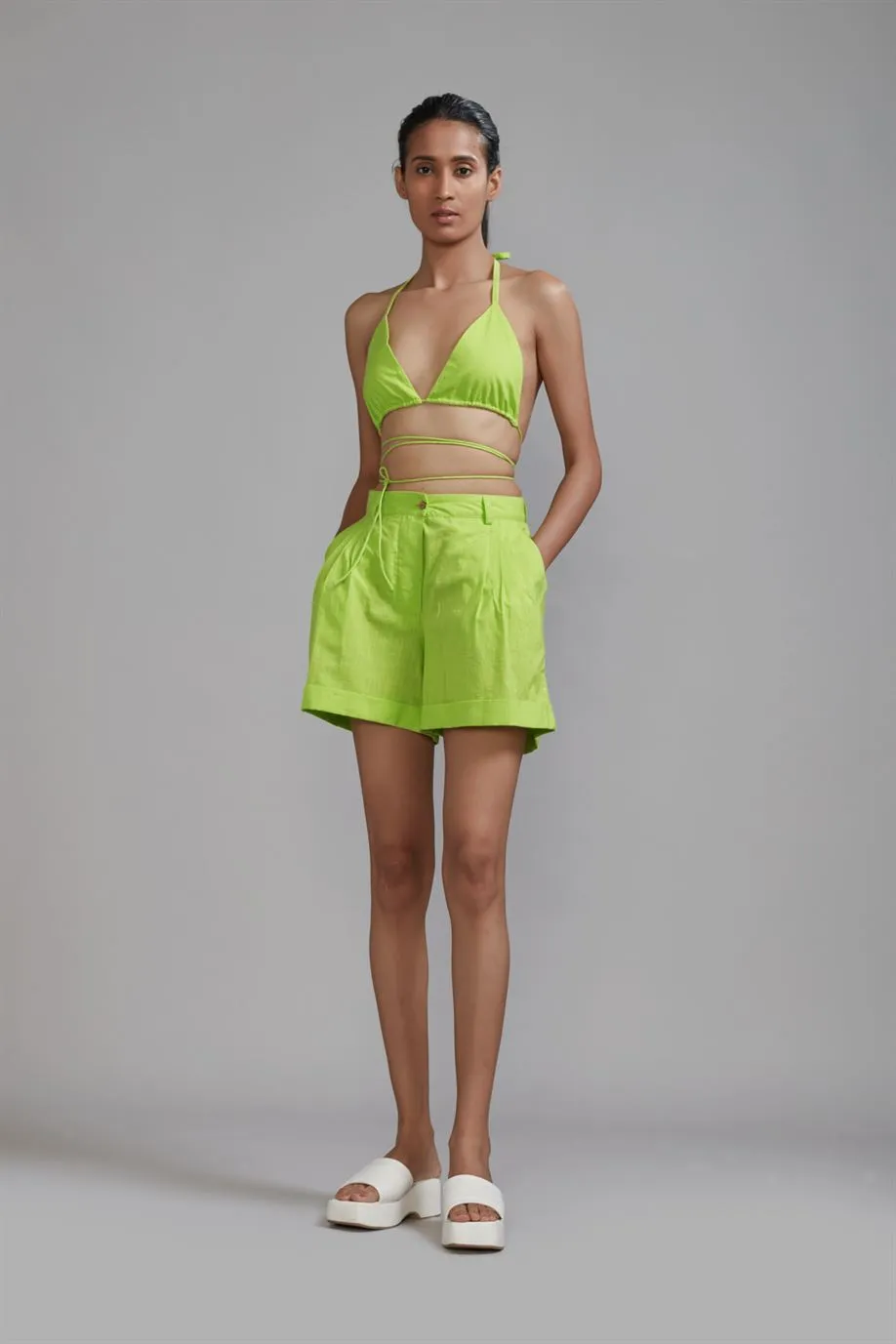 New Season Summer/Fall 2024-Coord Set Green Overlap Bralette-Shorts 2pcs Cotton Neon-MT BR-Shorts Coord Set-Neon Green 2pcs-Fashion Edit Mati