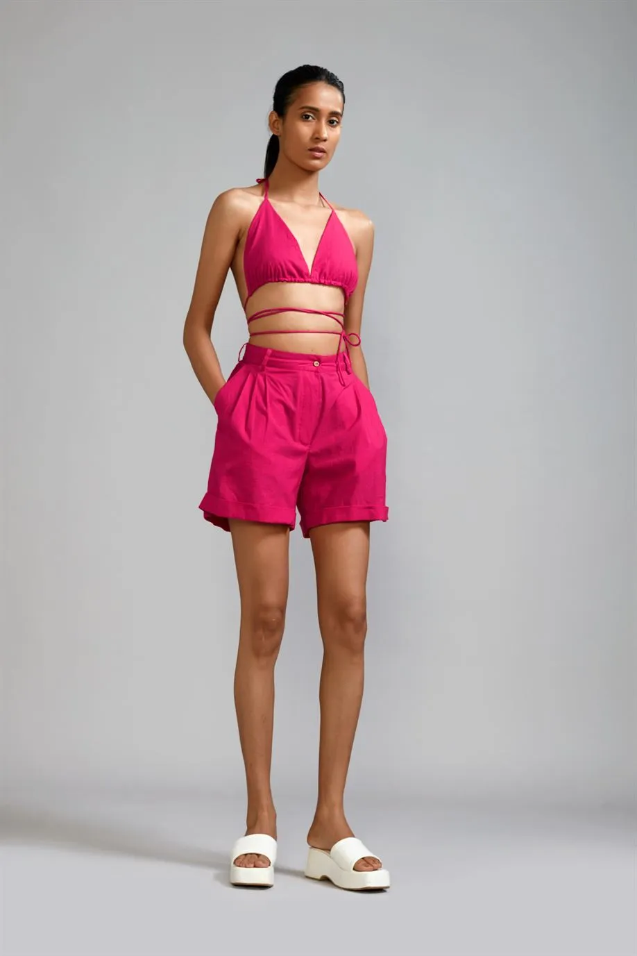 New Season Summer/Fall 2024-Coord Set Overlap Bralette-Shorts 2pcs Cotton Pink-MT BR-Shorts Coord Set-KA Pink 2pcs-Fashion Edit Mati