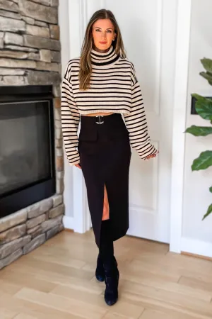 Next Level Belted Front Slit Midi Skirt - Black - SALE