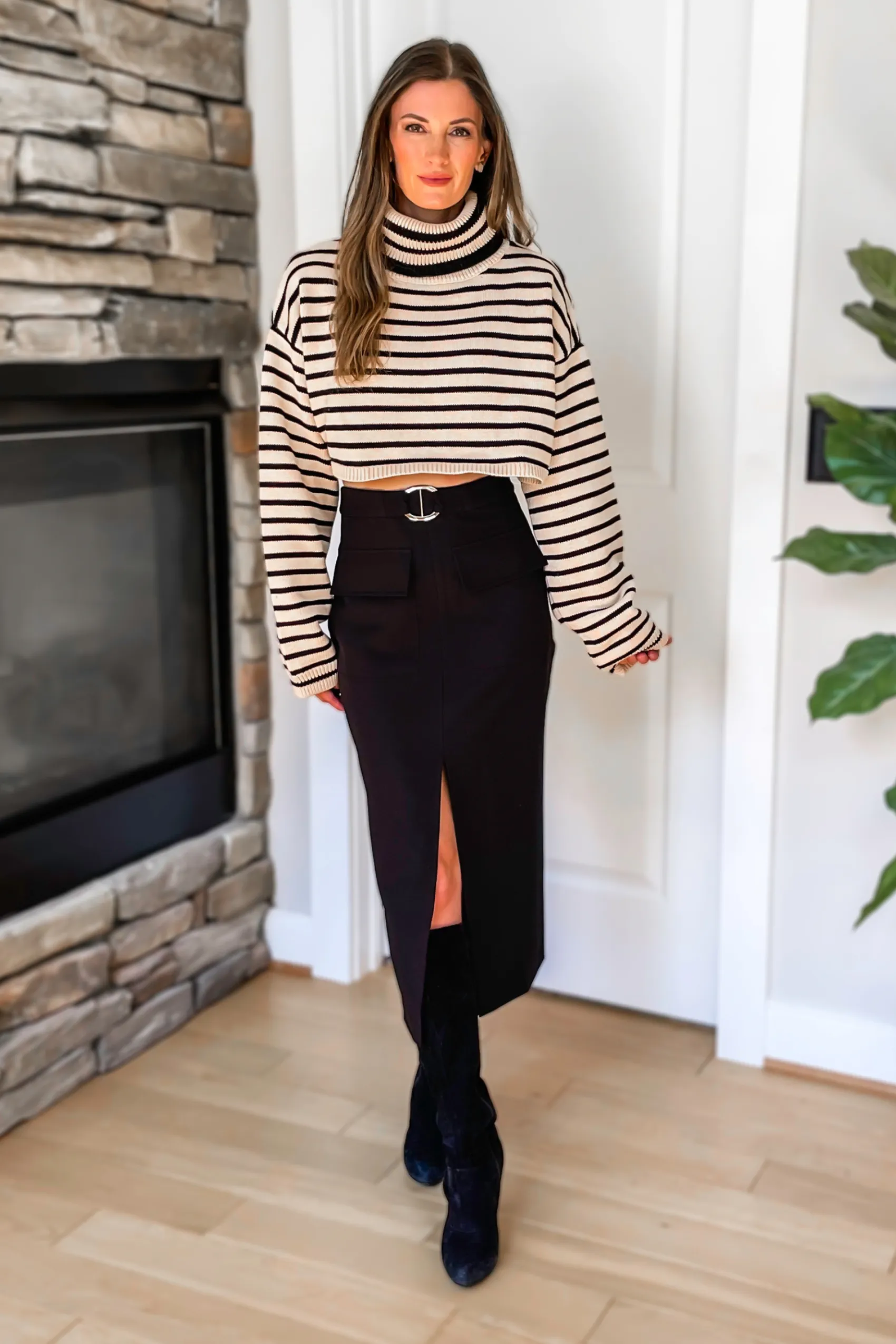 Next Level Belted Front Slit Midi Skirt - Black - SALE
