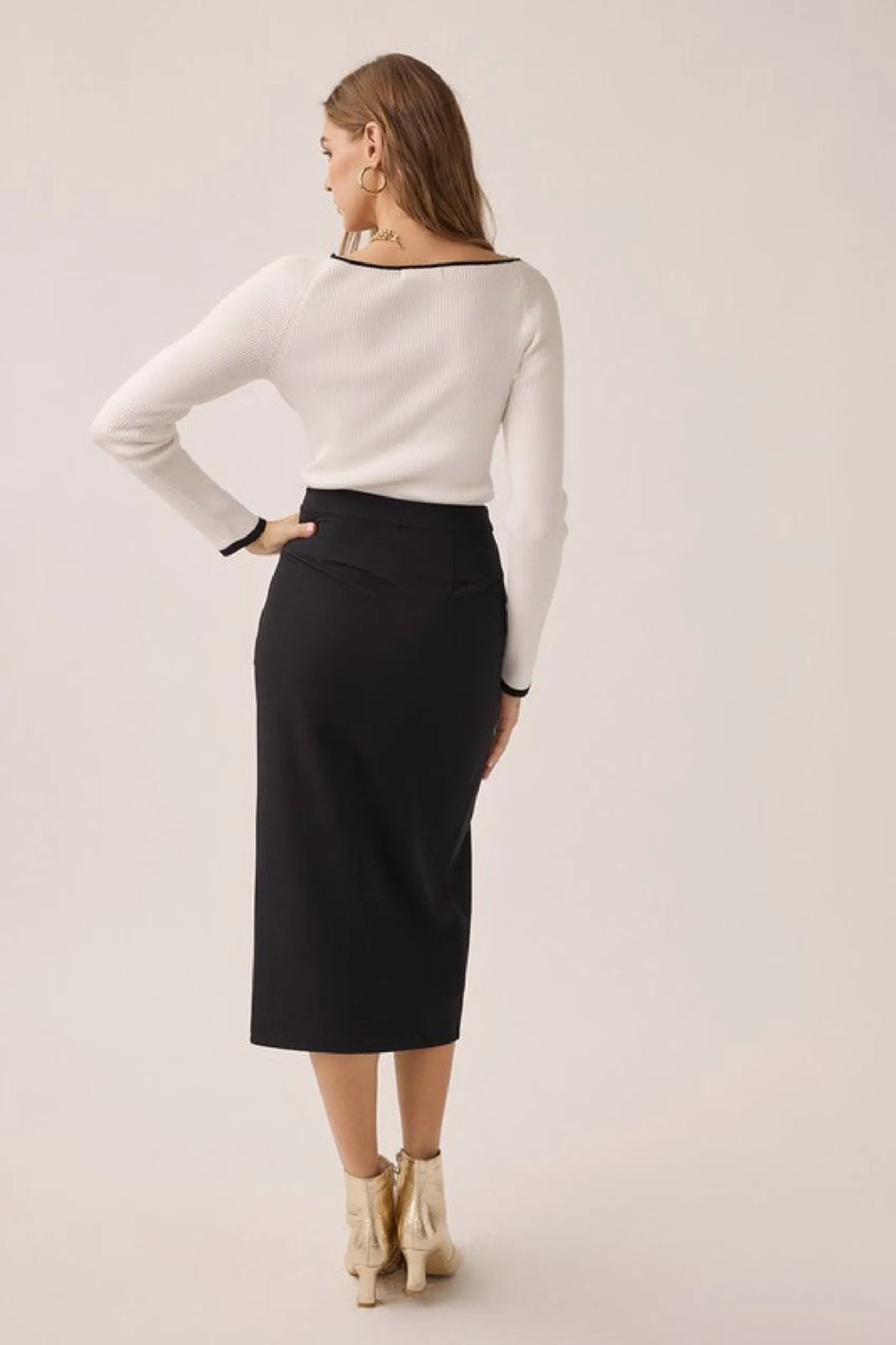 Next Level Belted Front Slit Midi Skirt - Black - SALE