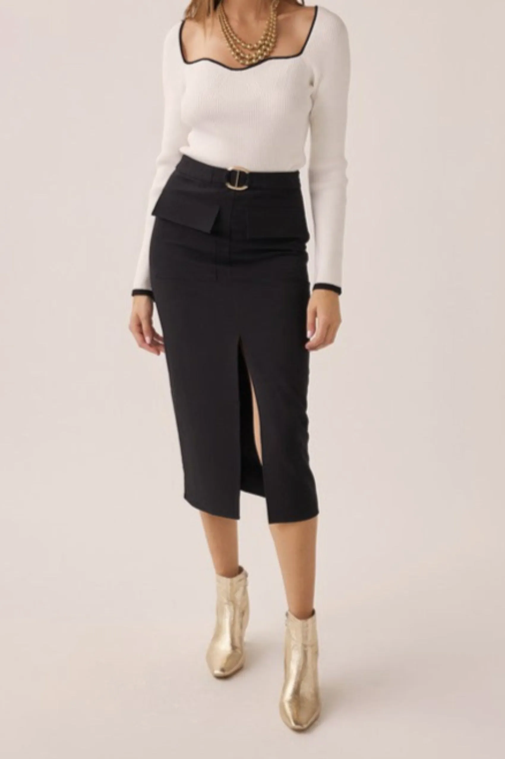 Next Level Belted Front Slit Midi Skirt - Black - SALE