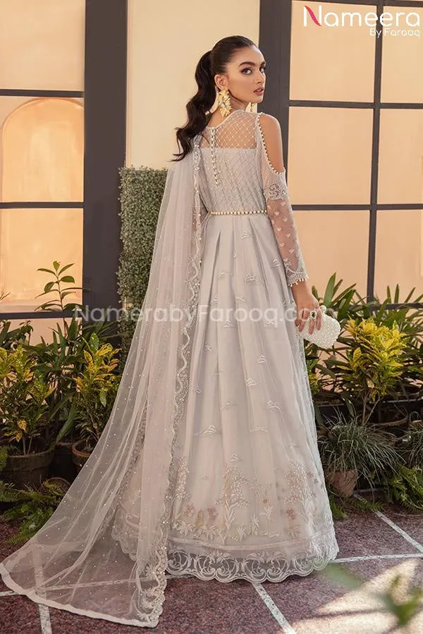 Pakistani Maxi Dress by Designer in Grey Shade #PF189