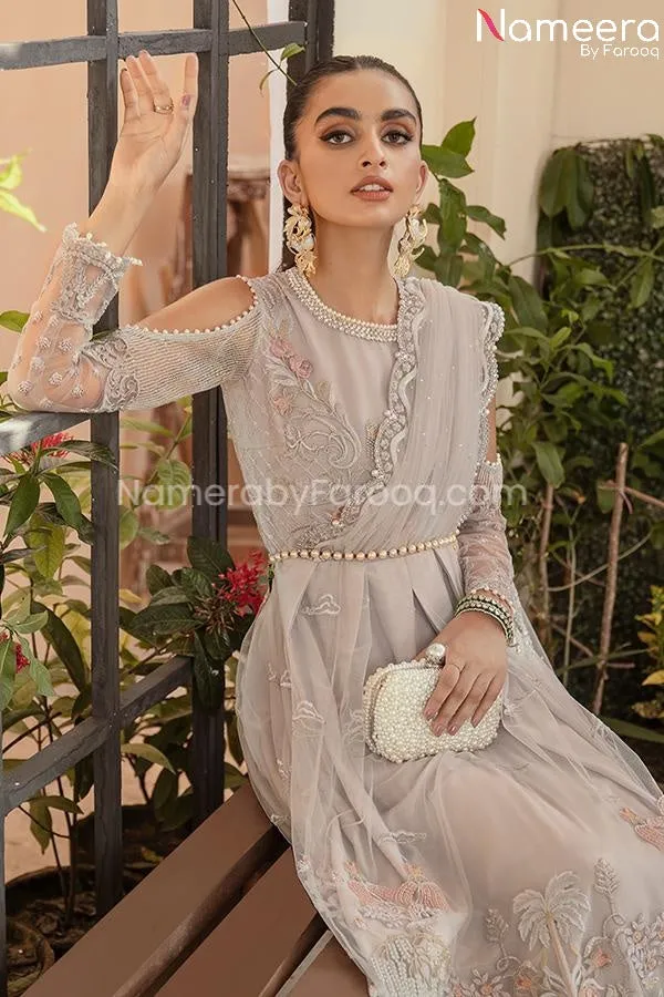 Pakistani Maxi Dress by Designer in Grey Shade #PF189