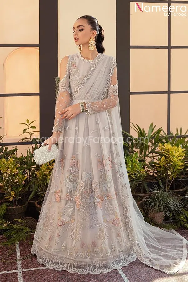 Pakistani Maxi Dress by Designer in Grey Shade #PF189