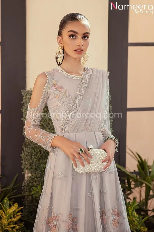 Pakistani Maxi Dress by Designer in Grey Shade #PF189