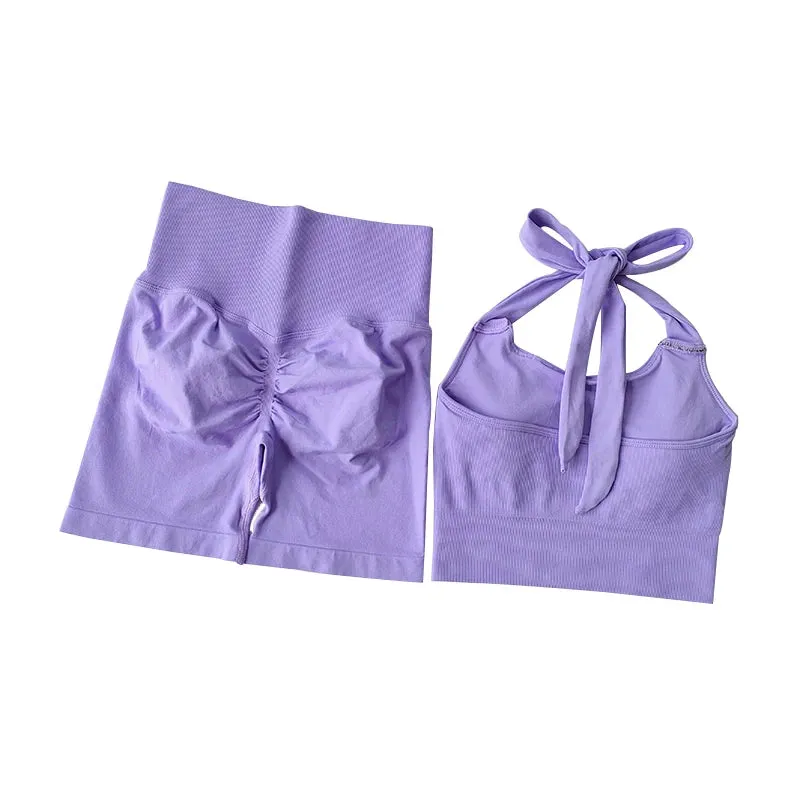 Peach Hip Lifting Suit - Neck Hanging Sports Bra and Quick Drying Shorts Set