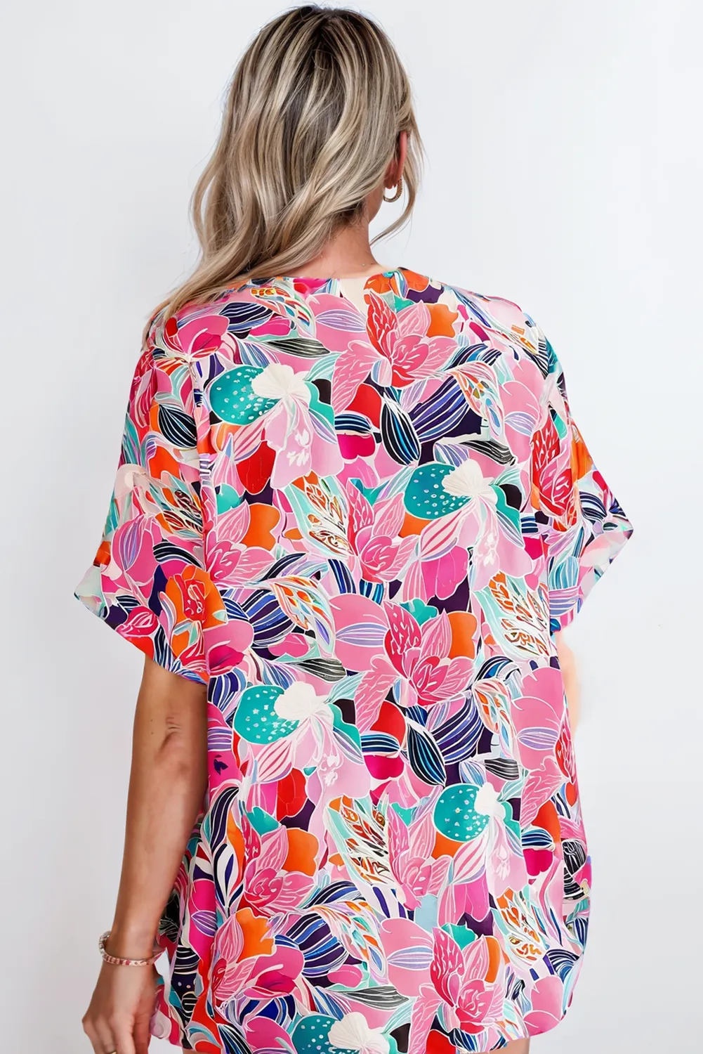 Pink Abstract Floral Print Loose V Neck Tunic Blouse