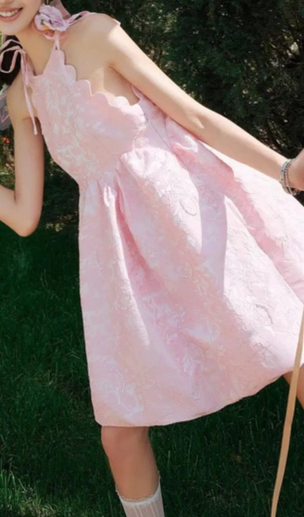 PINK BEADED JACQUARD SLEEVELESS MINI DRESS