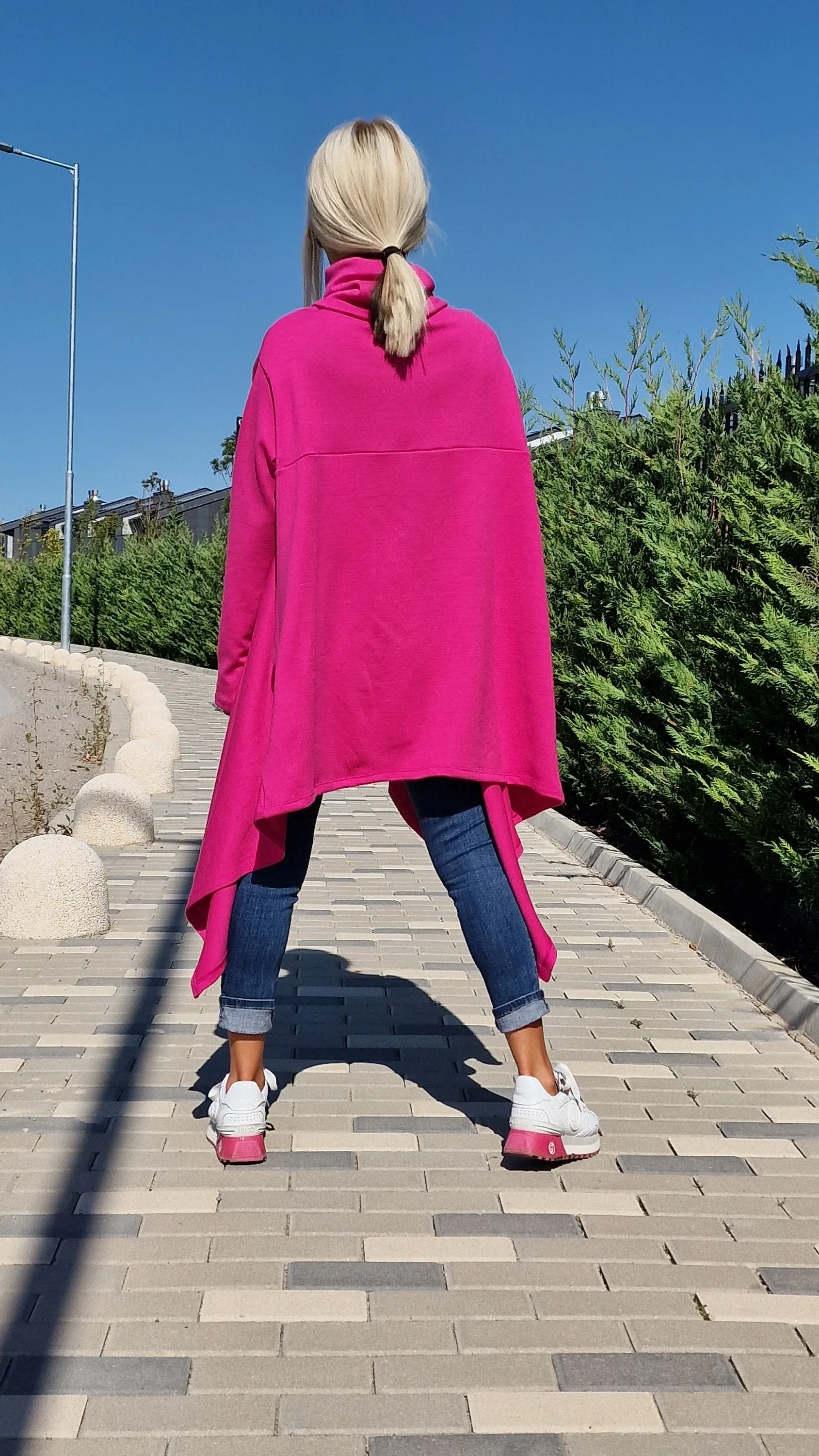 Pink Knitted Poncho with Turtleneck, Long Sleeve Black Sweater, Plus Size Tunic Top, Loose Fit Winter Top
