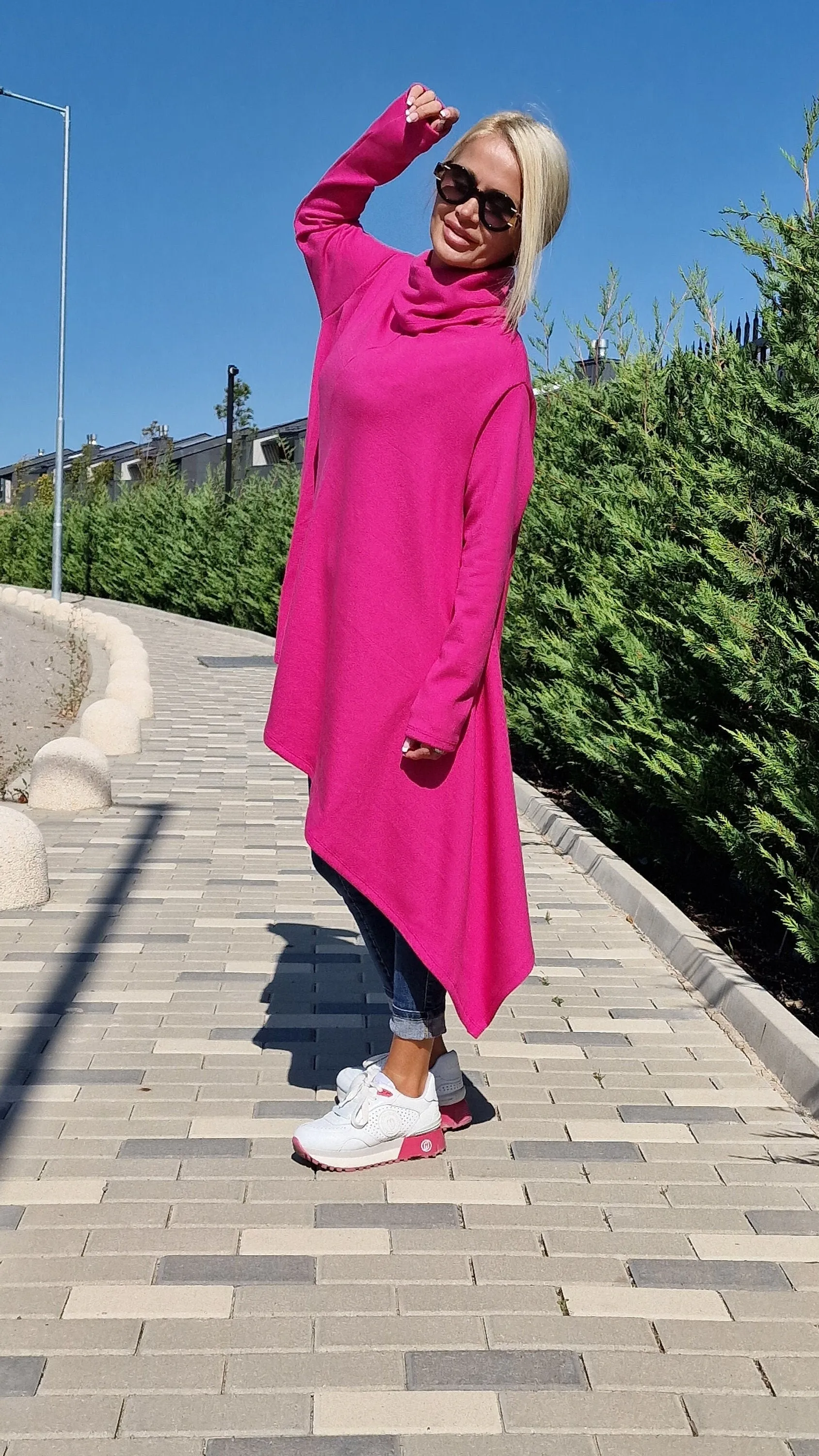 Pink Knitted Poncho with Turtleneck, Long Sleeve Black Sweater, Plus Size Tunic Top, Loose Fit Winter Top
