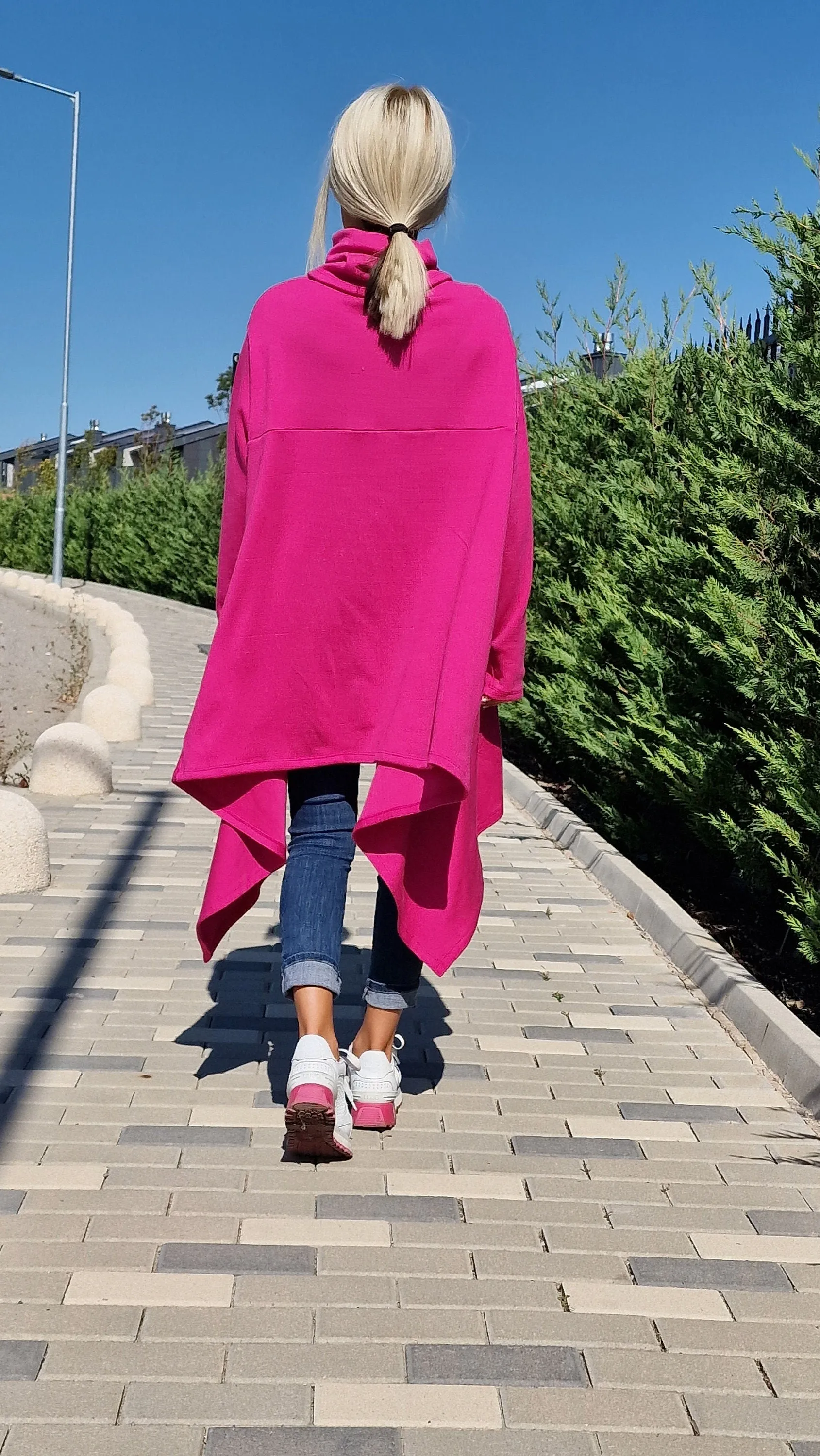 Pink Knitted Poncho with Turtleneck, Long Sleeve Black Sweater, Plus Size Tunic Top, Loose Fit Winter Top