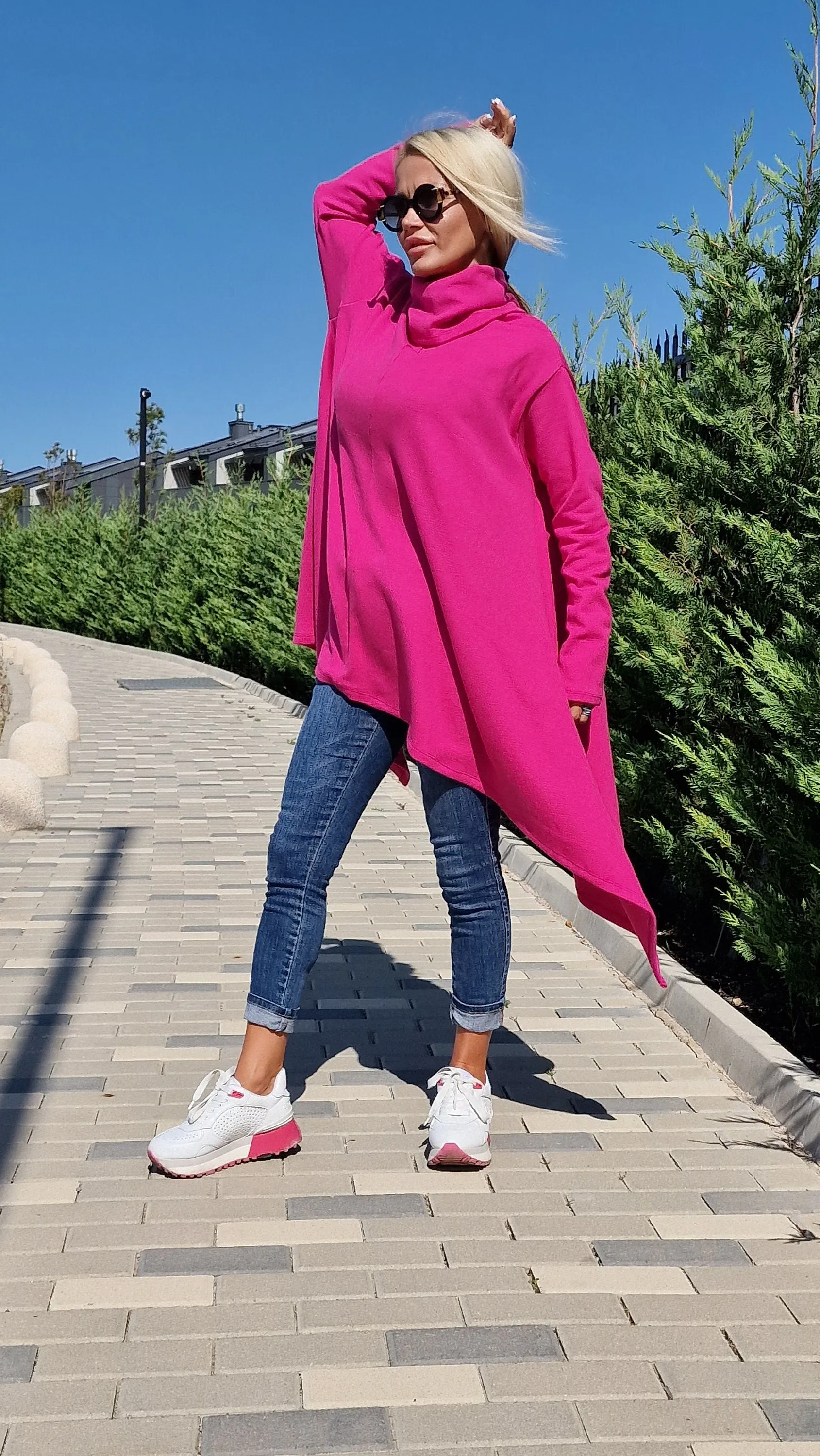 Pink Knitted Poncho with Turtleneck, Long Sleeve Black Sweater, Plus Size Tunic Top, Loose Fit Winter Top