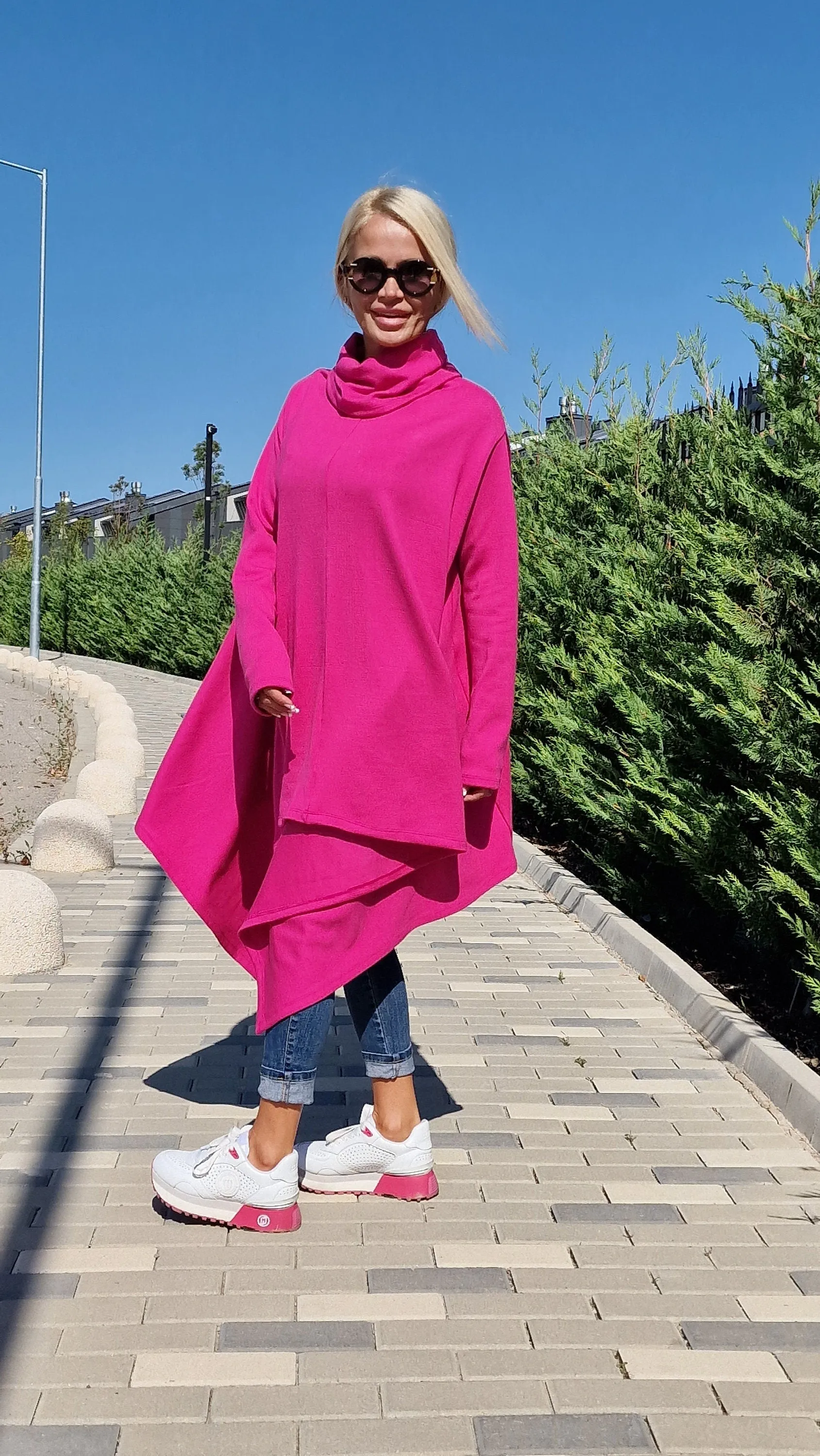 Pink Knitted Poncho with Turtleneck, Long Sleeve Black Sweater, Plus Size Tunic Top, Loose Fit Winter Top