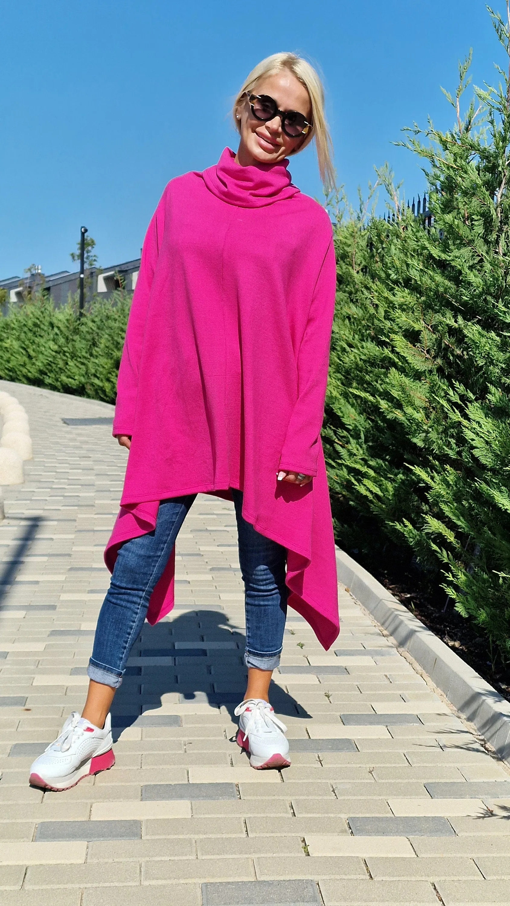 Pink Knitted Poncho with Turtleneck, Long Sleeve Black Sweater, Plus Size Tunic Top, Loose Fit Winter Top