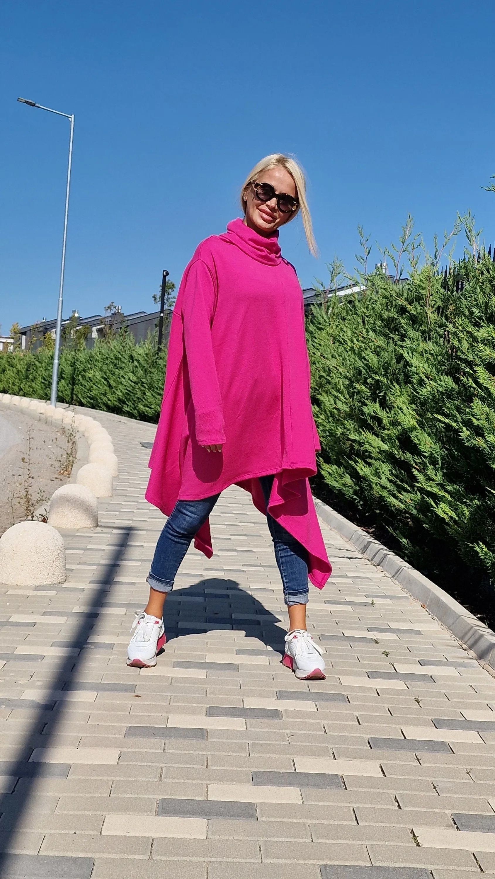 Pink Knitted Poncho with Turtleneck, Long Sleeve Black Sweater, Plus Size Tunic Top, Loose Fit Winter Top