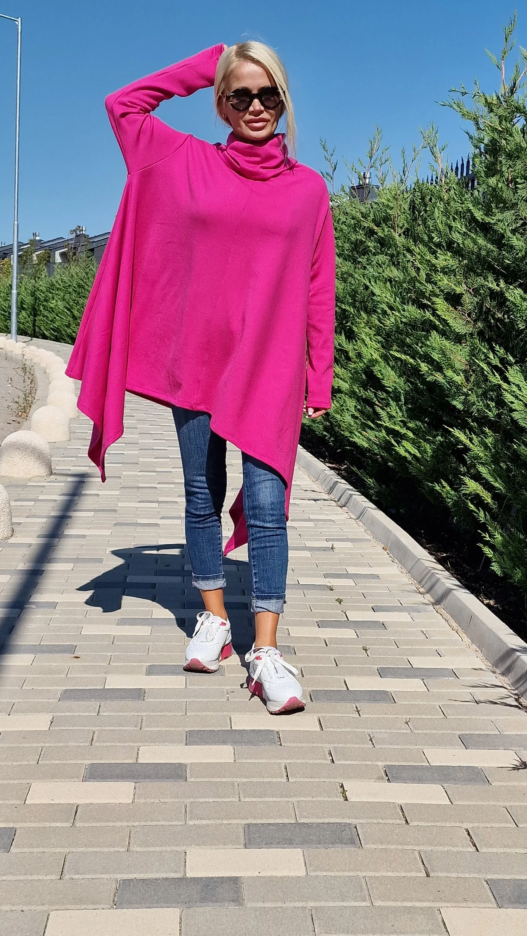 Pink Knitted Poncho with Turtleneck, Long Sleeve Black Sweater, Plus Size Tunic Top, Loose Fit Winter Top