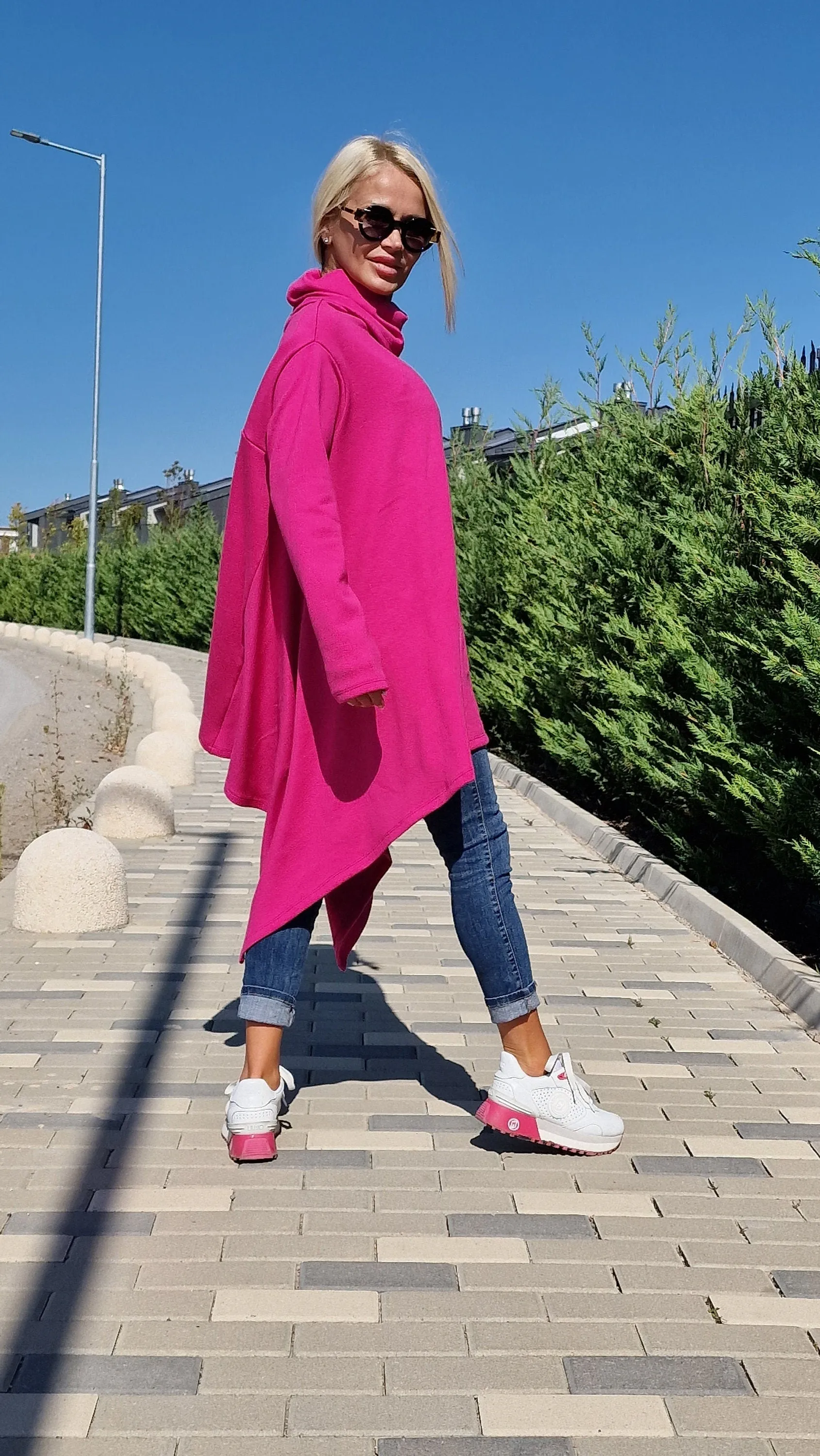 Pink Knitted Poncho with Turtleneck, Long Sleeve Black Sweater, Plus Size Tunic Top, Loose Fit Winter Top