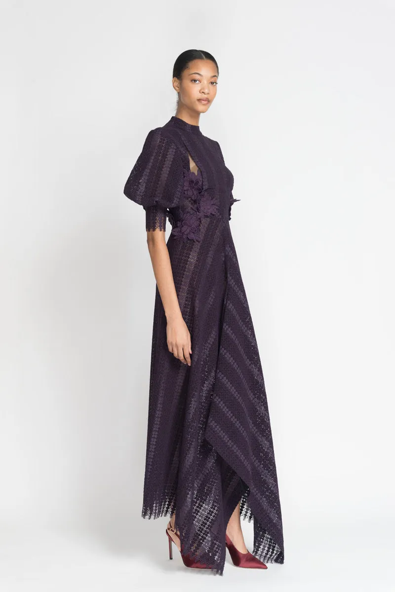 Plum Flocked Lace Dress with Bell Sleeves and Asymmetrical Hem