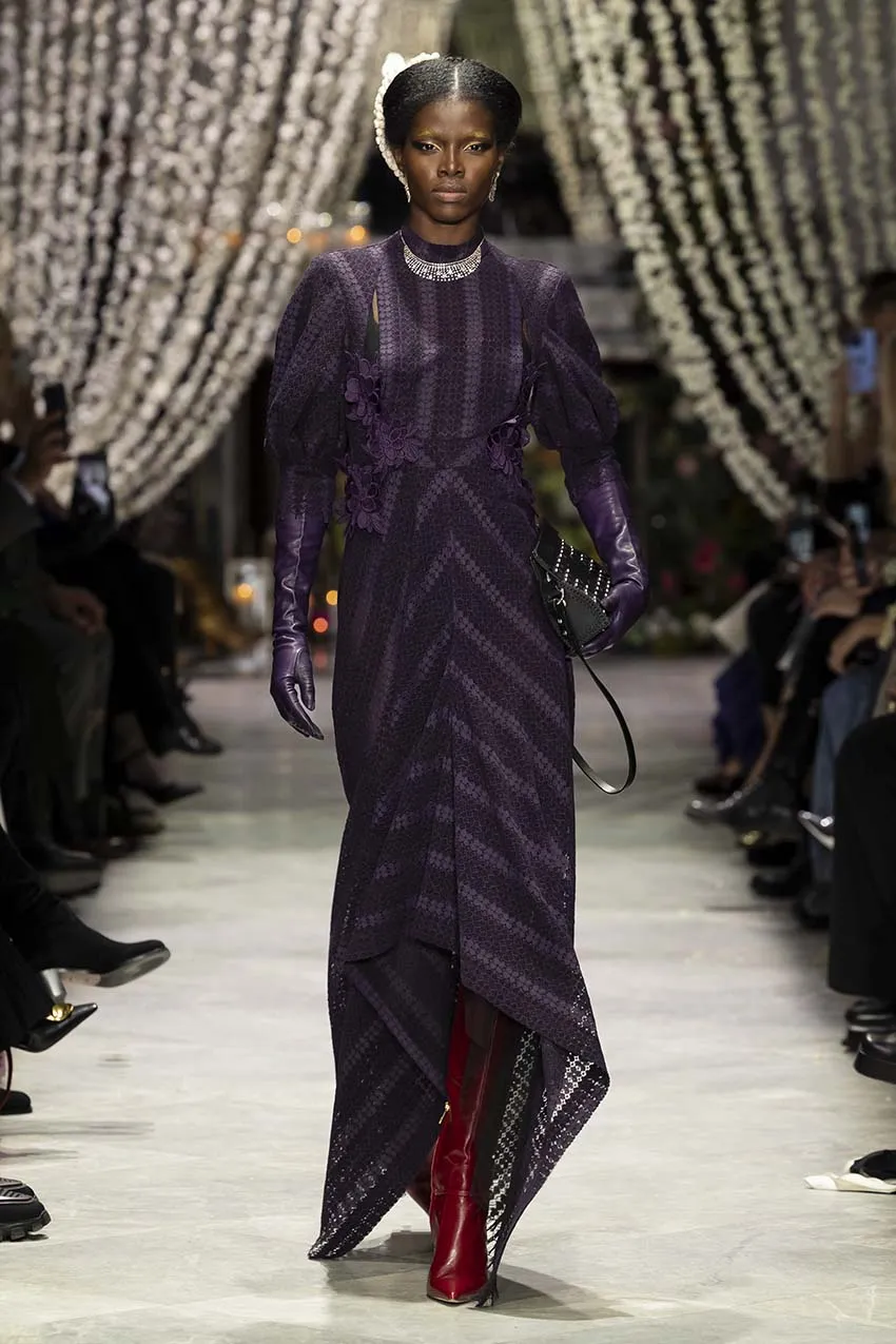 Plum Flocked Lace Dress with Bell Sleeves and Asymmetrical Hem