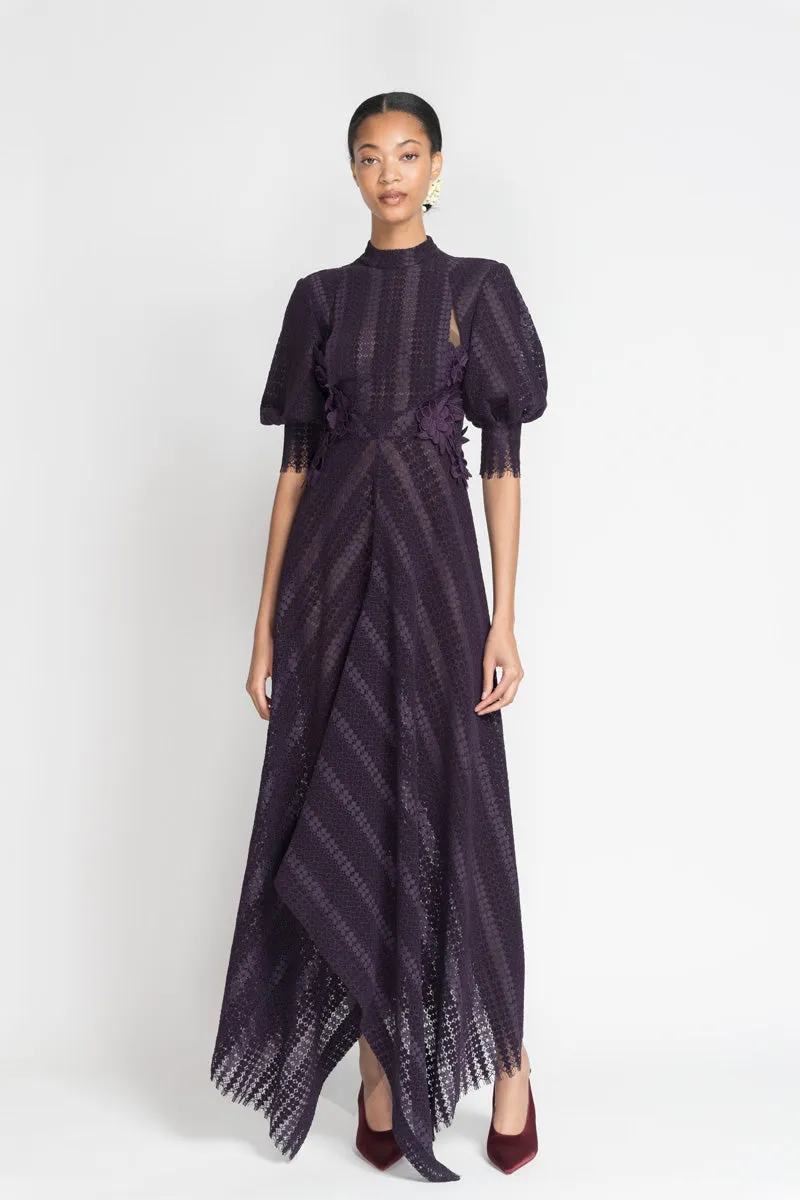 Plum Flocked Lace Dress with Bell Sleeves and Asymmetrical Hem