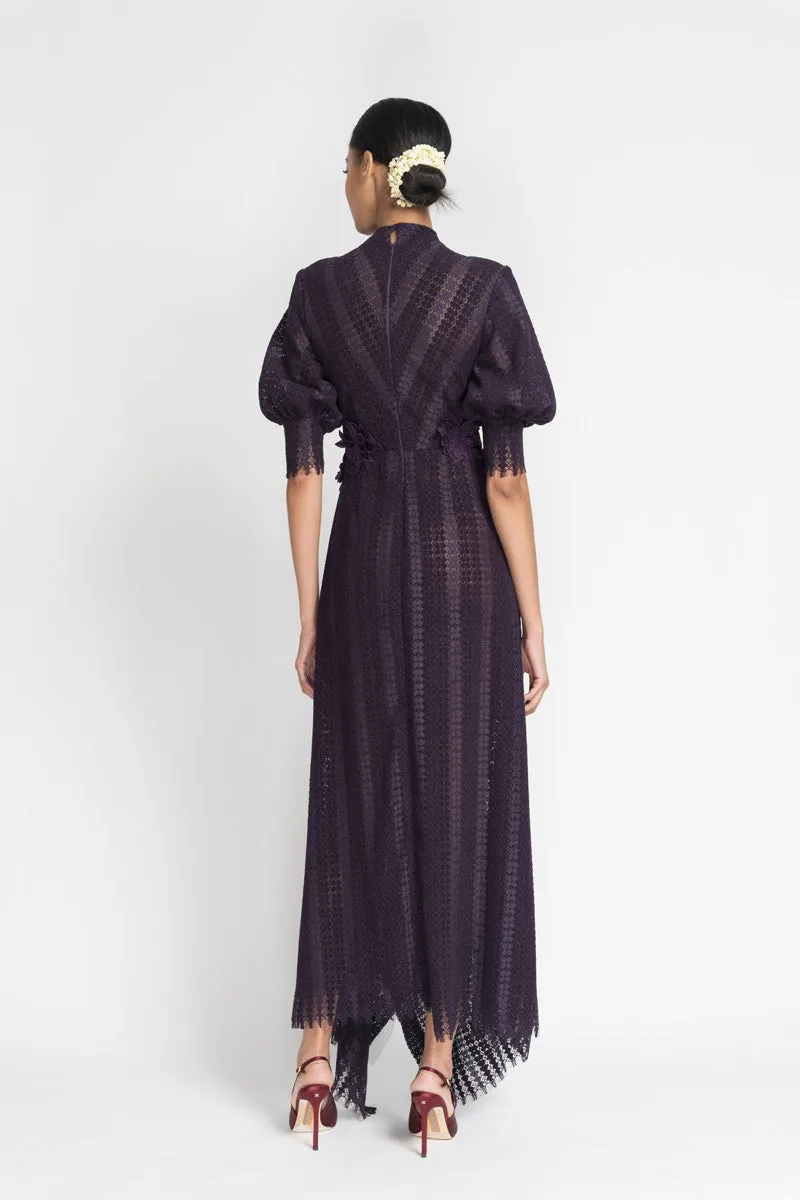 Plum Flocked Lace Dress with Bell Sleeves and Asymmetrical Hem