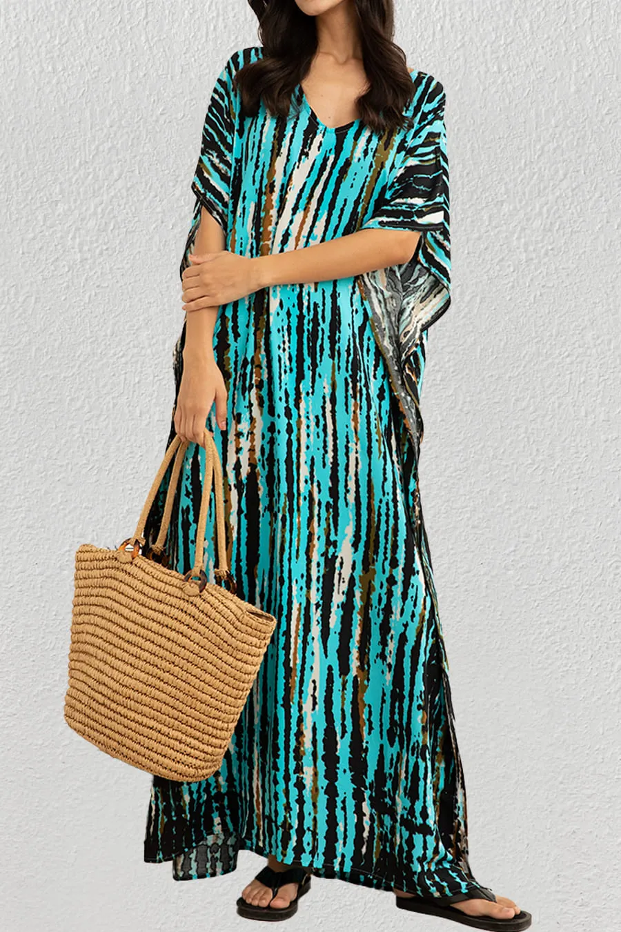 Plus Size Print Blue Kaftan Dress
