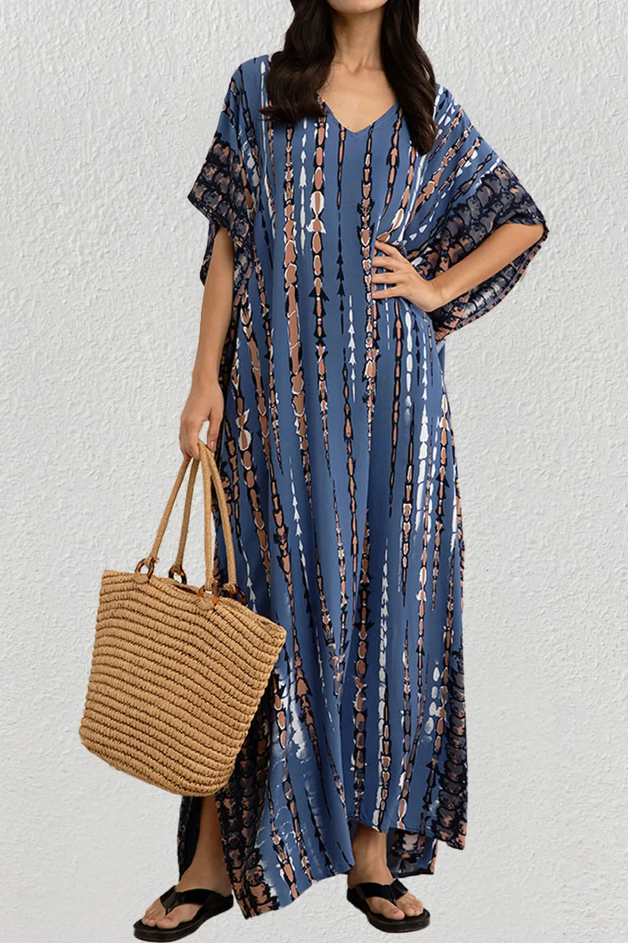 Plus Size Print Blue Kaftan Dress