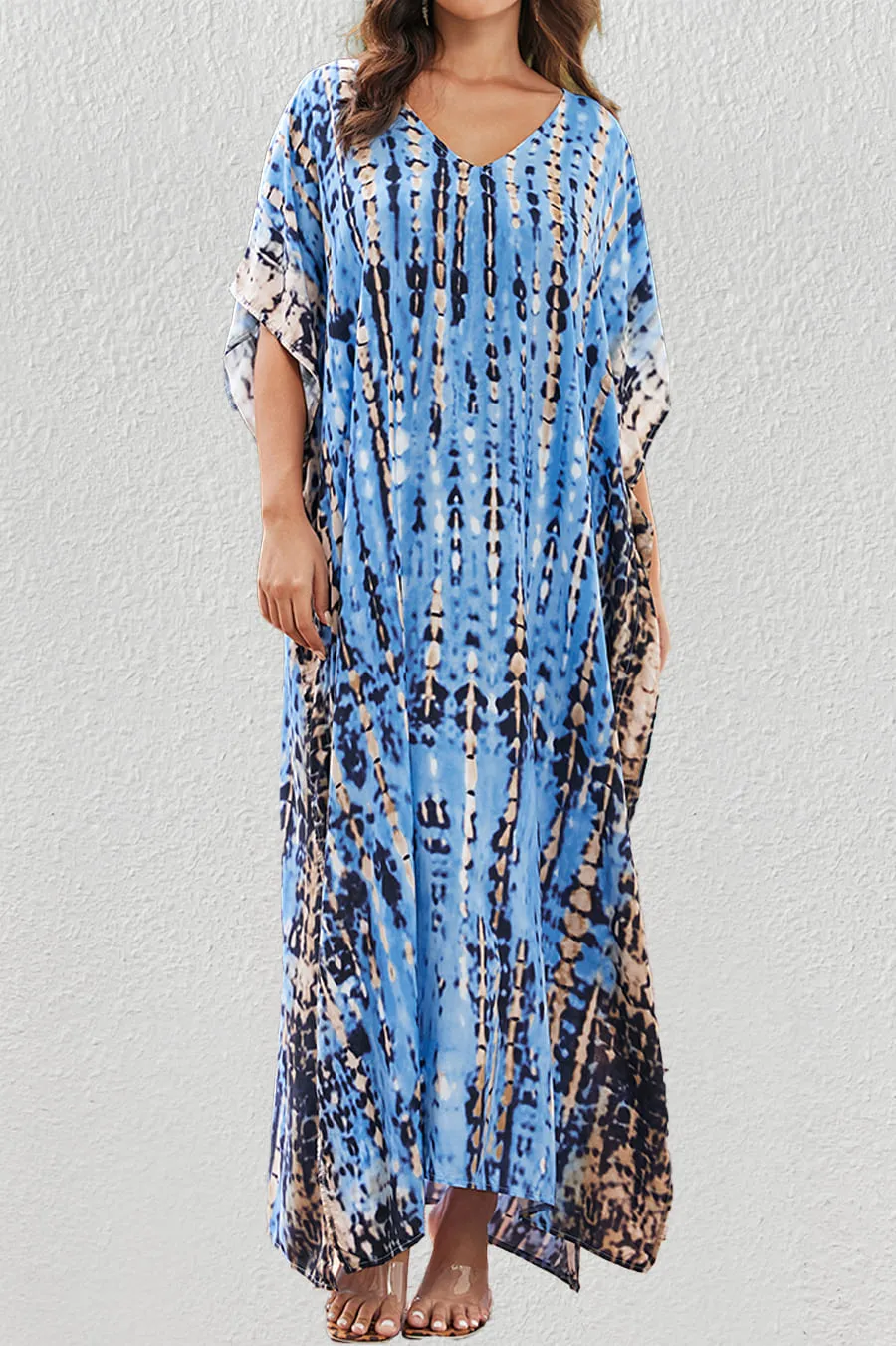 Plus Size Print Blue Kaftan Dress
