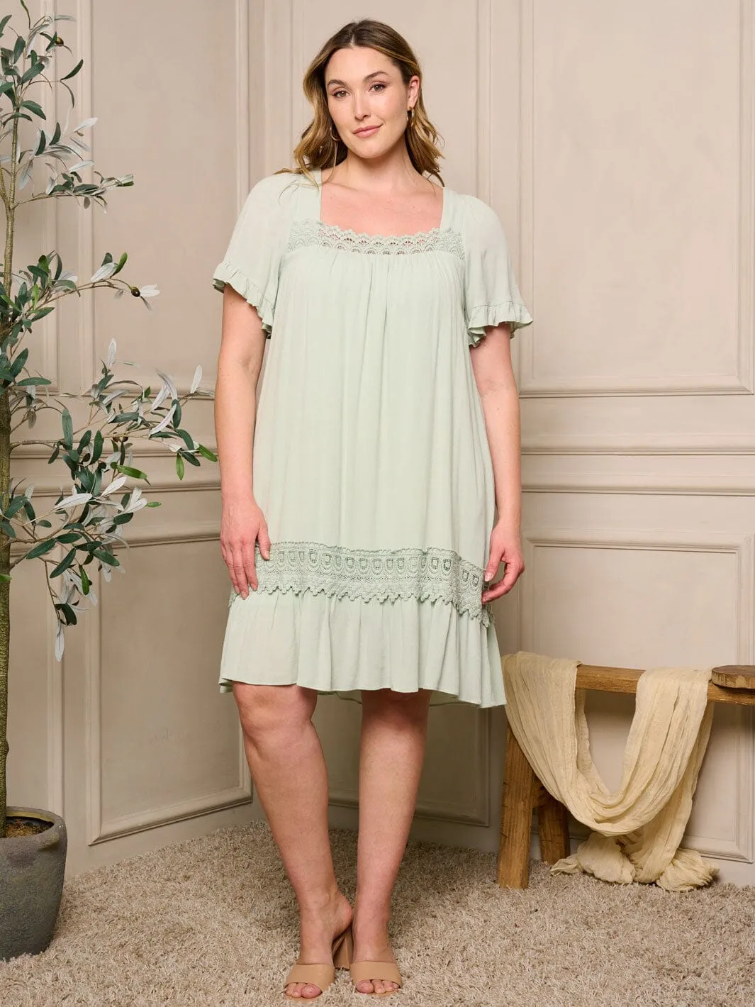 PLUS SIZE SHORT SLEEVE SQUARE NECK TUNIC MINI DRESS