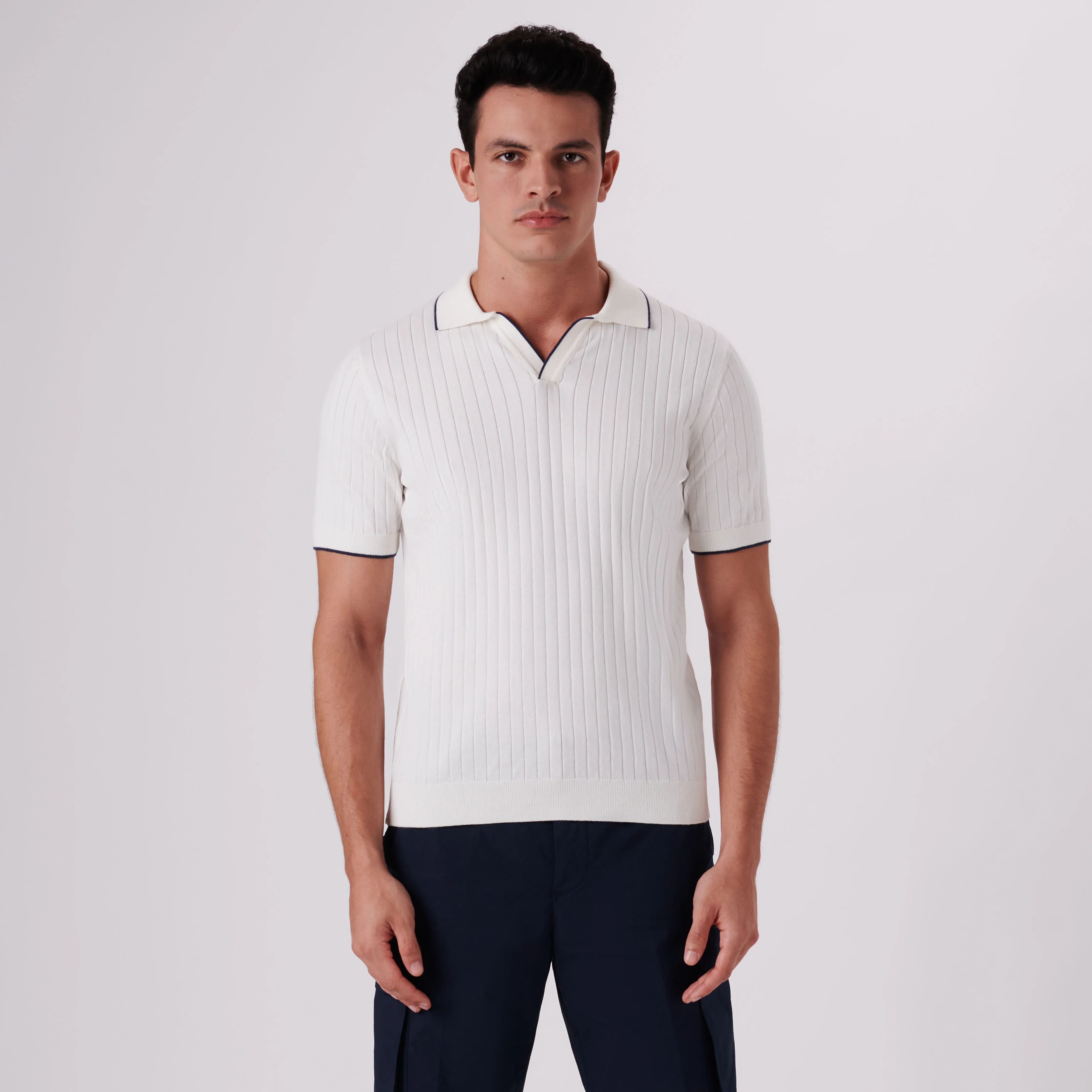 Rib Knit Short Sleeve Johnny Collar Sweater