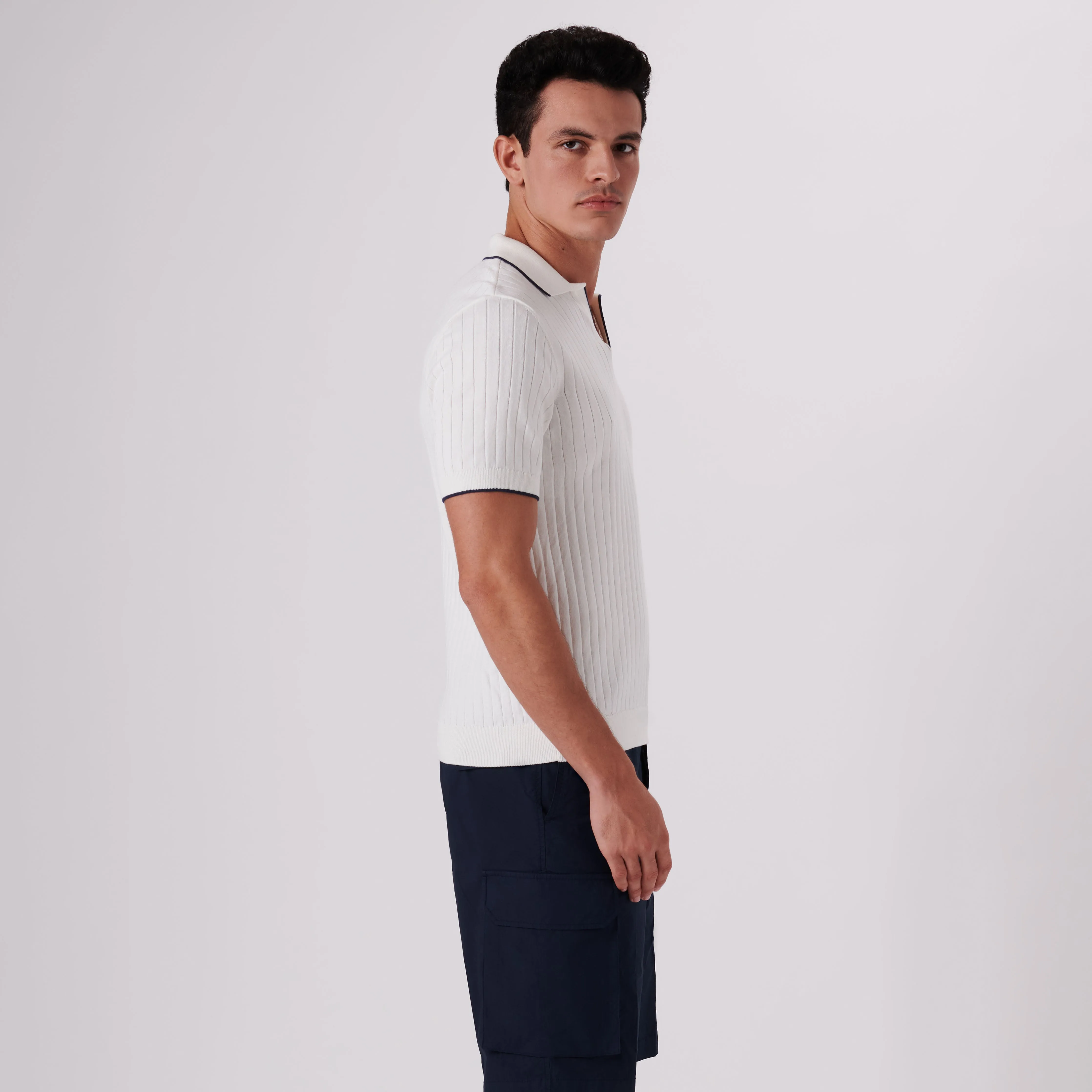Rib Knit Short Sleeve Johnny Collar Sweater