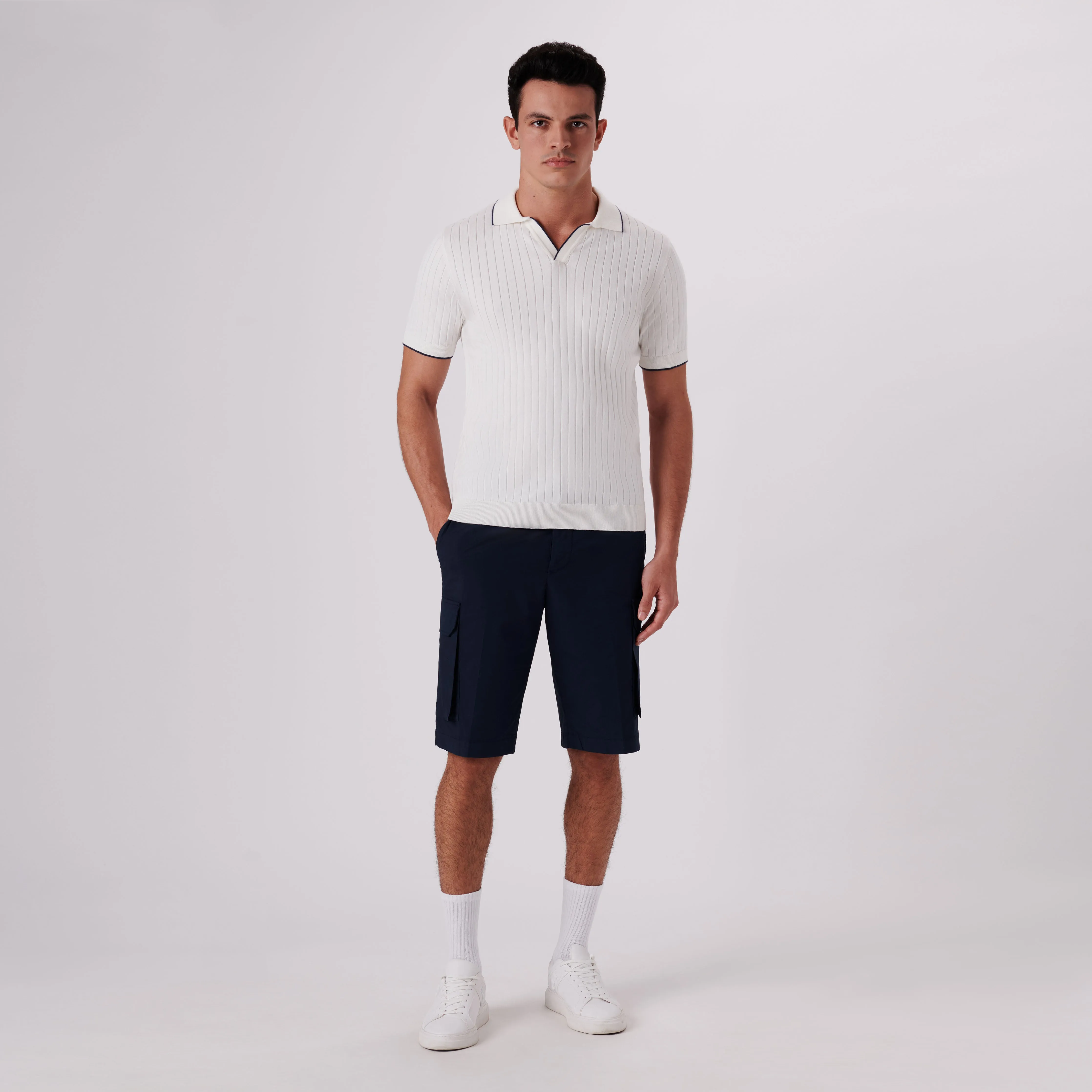 Rib Knit Short Sleeve Johnny Collar Sweater
