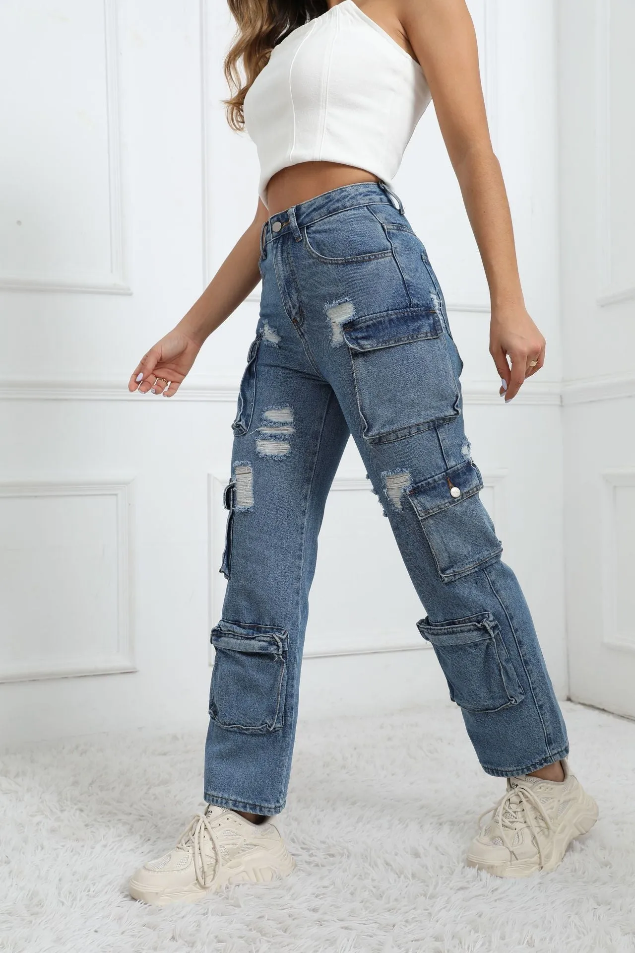 Ripped jeans with pockets-D560 | Inspanda